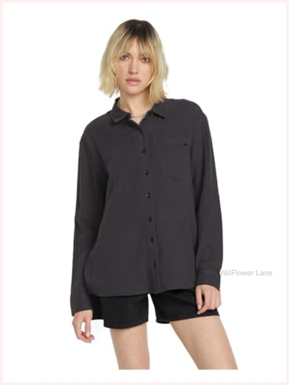 Oversized Long Sleeve Button Down Shirt Scalloped Hem Beach Coverup